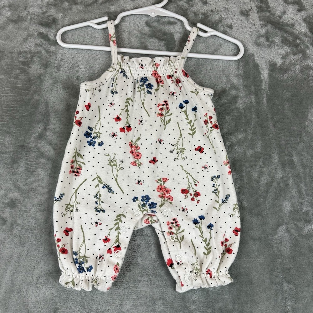 Laura Ashley Baby Romper Girls 0-3 Mo White w/ Red Blue Ditsy Floral Cotton